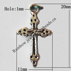 Pendant, Lead-free Zinc Alloy Jewelry Findings, Cross 11x20mm Hole:1mm, Sold by Bag