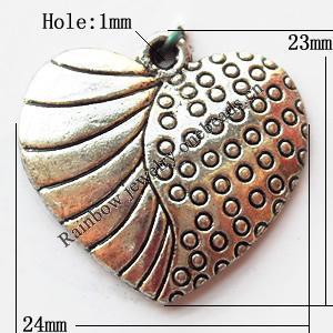 Pendant, Lead-free Zinc Alloy Jewelry Findings, Heart 23x24mm Hole:1mm, Sold by Bag