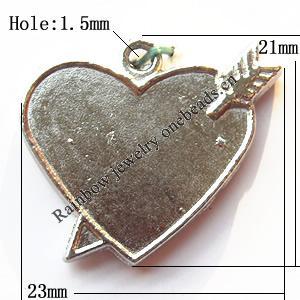 Pendant, Lead-free Zinc Alloy Jewelry Findings, Heart 21x23mm Hole:1.5mm, Sold by Bag