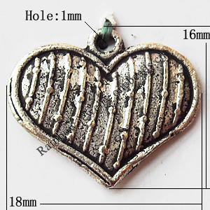 Pendant, Lead-free Zinc Alloy Jewelry Findings, Heart 18x16mm Hole:1mm, Sold by Bag