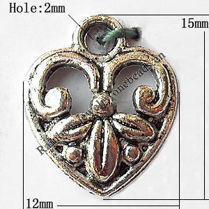 Pendant, Lead-free Zinc Alloy Jewelry Findings, Heart 12x15mm Hole:2mm, Sold by Bag