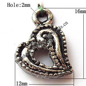 Pendant, Lead-free Zinc Alloy Jewelry Findings, Heart 12x16mm Hole:2mm, Sold by Bag