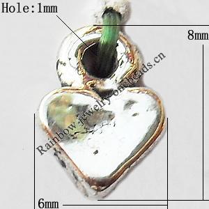 Pendant, Lead-free Zinc Alloy Jewelry Findings, Heart 6x8mm Hole:1mm, Sold by Bag