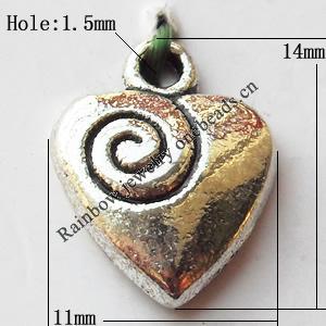 Pendant, Lead-free Zinc Alloy Jewelry Findings, Heart 11x14mm Hole:1.5mm, Sold by Bag