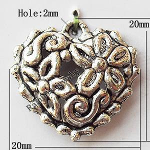 Pendant, Lead-free Zinc Alloy Jewelry Findings, Heart 20x20mm Hole:2mm, Sold by Bag