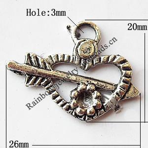 Pendant, Lead-free Zinc Alloy Jewelry Findings, Heart 26x20mm Hole:3mm, Sold by Bag