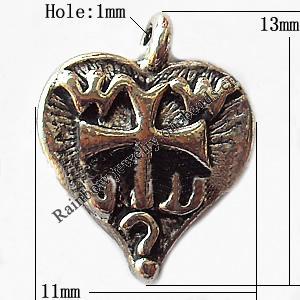 Pendant, Lead-free Zinc Alloy Jewelry Findings, Heart 11x13mm Hole:1mm, Sold by Bag