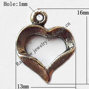Pendant, Lead-free Zinc Alloy Jewelry Findings, Hollow Heart 13x16mm Hole:1mm, Sold by Bag