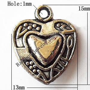 Pendant, Lead-free Zinc Alloy Jewelry Findings, Heart 13x15mm Hole:1mm, Sold by Bag