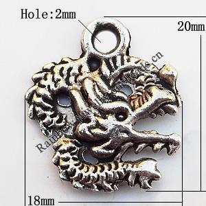 Pendant, Lead-free Zinc Alloy Jewelry Findings, Dragon 18x20mm Hole:2mm, Sold by Bag