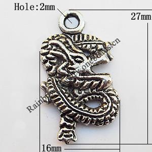 Pendant, Lead-free Zinc Alloy Jewelry Findings, Dragon 16x27mm Hole:2mm, Sold by Bag