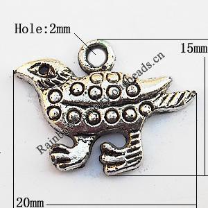 Pendant, Lead-free Zinc Alloy Jewelry Findings, Bird 20x15mm Hole:2mm, Sold by Bag