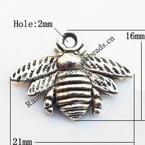 Pendant, Lead-free Zinc Alloy Jewelry Findings, Bee 21x16mm Hole:2mm, Sold by Bag