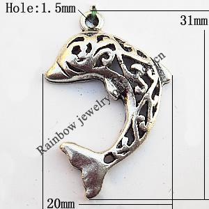 Pendant, Lead-free Zinc Alloy Jewelry Findings, Dolphin 20x31mm Hole:1.5mm, Sold by Bag