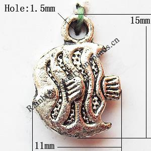 Pendant, Lead-free Zinc Alloy Jewelry Findings, Fish 11x15mm Hole:1.5mm, Sold by Bag