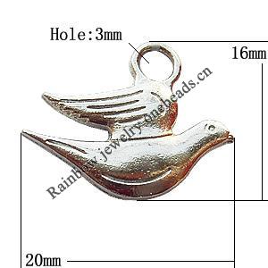 Pendant, Lead-free Zinc Alloy Jewelry Findings, Bird 20x16mm Hole:3mm, Sold by Bag