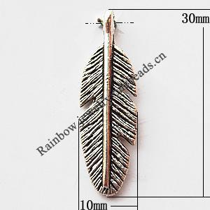 Pendant, Lead-free Zinc Alloy Jewelry Findings, Leaf 30x10mm Hole:1mm, Sold by Bag