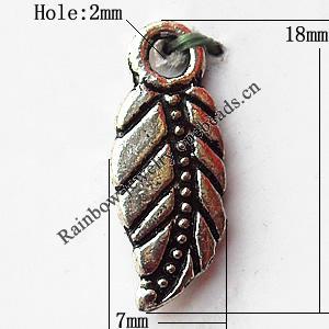 Pendant, Lead-free Zinc Alloy Jewelry Findings, Leaf 18x7mm Hole:2mm, Sold by Bag