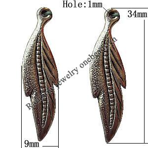 Pendant, Lead-free Zinc Alloy Jewelry Findings, Leaf 34x9mm Hole:1mm, Sold by Bag