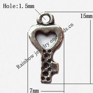 Pendant, Lead-free Zinc Alloy Jewelry Findings, Key 15x7mm Hole:1.5mm, Sold by Bag