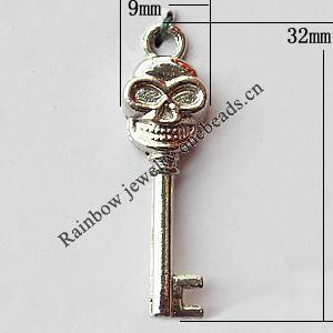 Pendant, Lead-free Zinc Alloy Jewelry Findings, Key 9x32mm Hole:2.5mm, Sold by Bag
