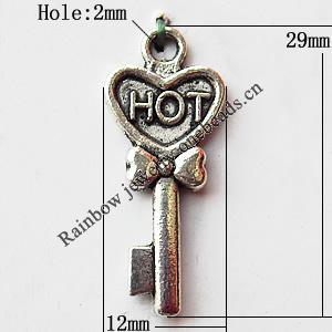 Pendant, Lead-free Zinc Alloy Jewelry Findings, Key 12x29mm Hole:2mm, Sold by Bag