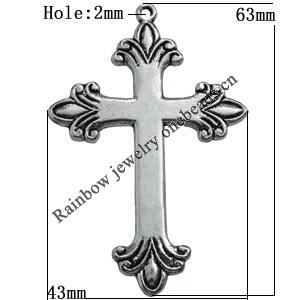 Pendant Zinc Alloy Jewelry Findings Lead-free, Cross 63x43mm Hole:2mm Sold by Bag