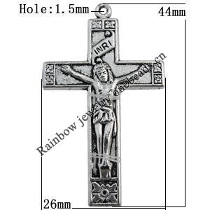 Pendant Zinc Alloy Jewelry Findings Lead-free, Cross 44x26mm Hole:1.5mm Sold by Bag