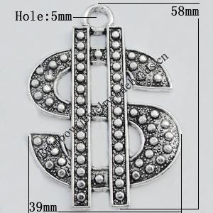 Pendant Zinc Alloy Jewelry Findings Lead-free, 58x39mm Hole:5mm Sold by Bag