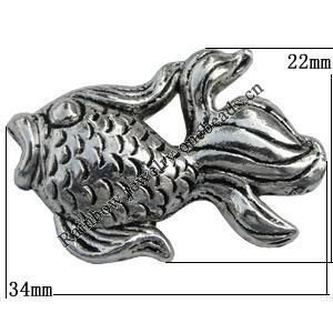 European Style Beads Zinc Alloy Jewelry Findings Lead-free, Fish 34x22mm, Hole:5mm Sold by Bag