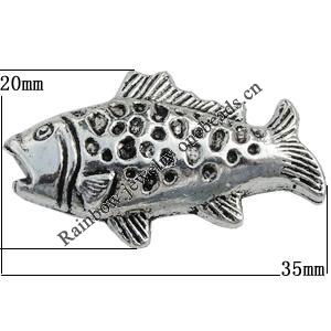 European Style Beads Zinc Alloy Jewelry Findings Lead-free, Fish 35x20mm, Hole:4mm Sold by Bag
