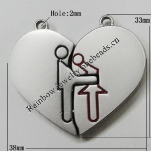 Zinc Alloy Pendant, Heart 38x33mm Hole:3mm, Sold by Group