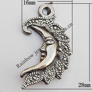 Pendant, Lead-free Zinc Alloy Jewelry Findings, Moon 28x16mm Hole:2mm, Sold by Bag