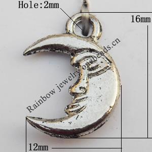 Pendant, Lead-free Zinc Alloy Jewelry Findings, Moon 16x12mm Hole:2mm, Sold by Bag