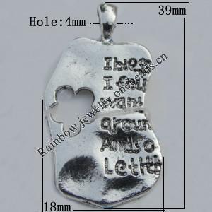 Pendant Zinc Alloy Jewelry Findings Lead-free, 39x18mm Hole:4mm Sold by Bag