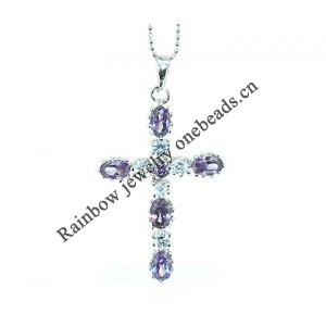 Sterling Silver Pendants platina plating, Cross with Crystal 44x25mm, Sold by PC