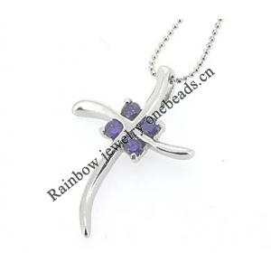 Sterling Silver Pendants platina plating, Cross with Crystal 28x20.5mm, Sold by PC