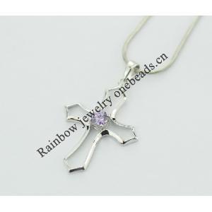 Sterling Silver Pendants platina plating, Cross with Crystal 30x20mm, Sold by PC