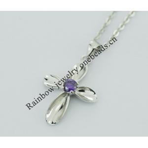 Sterling Silver Pendants platina plating, Cross with Crystal 27x16mm, Sold by PC