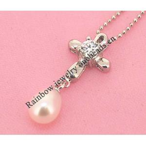Sterling Silver Pendants platina plating, Cross with Pearl 26x11mm, Sold by PC