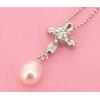 Sterling Silver Pendants platina plating, Cross with Pearl 26x11mm, Sold by PC