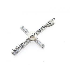 Sterling Silver Pendants platina plating, Cross with Pearl 29x17mm, Sold by PC