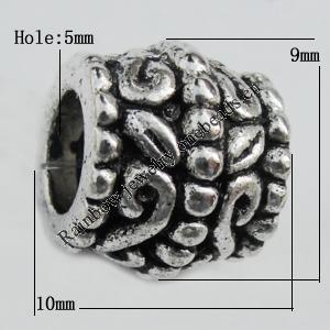 European Style Beads Zinc Alloy Jewelry Findings Lead-free, Drum 10x9mm, Hole:5mm Sold by Bag