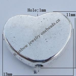 Bead Zinc Alloy Jewelry Findings Lead-free, Heart 13x11mm Hole:1mm Sold by Bag