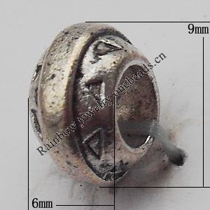 European Style Beads Zinc Alloy Jewelry Findings Lead-free, 6x9mm Hole:4mm, Sold by Bag