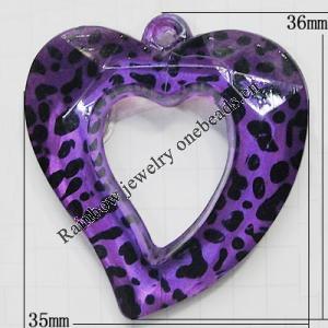 Coloured Acrylic Pendant, Hollow Heart 35x36mm Hole:2mm, Sold by Bag