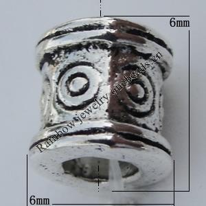 Bead Zinc Alloy Jewelry Findings Lead-free, Column 6x6mm, Hole:3mm Sold by Bag