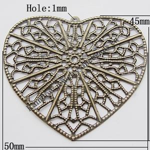 Iron Jewelry finding Pendant Lead-free, Heart 50x45mm Hole:1mm, Sold by Bag