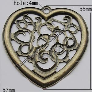 Iron Jewelry finding Pendant Lead-free, Heart 55x57mm Hole:4mm, Sold by Bag