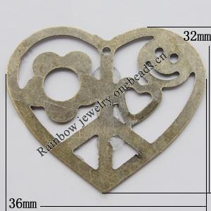 Iron Jewelry finding Pendant Lead-free, Heart 36x32mm Hole:1mm, Sold by Bag